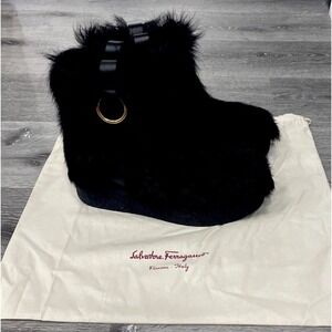 Salvatore Ferragamo Black Lamb Fur Boots Women's Size 5 1/2 C New‎ with Dust Bag